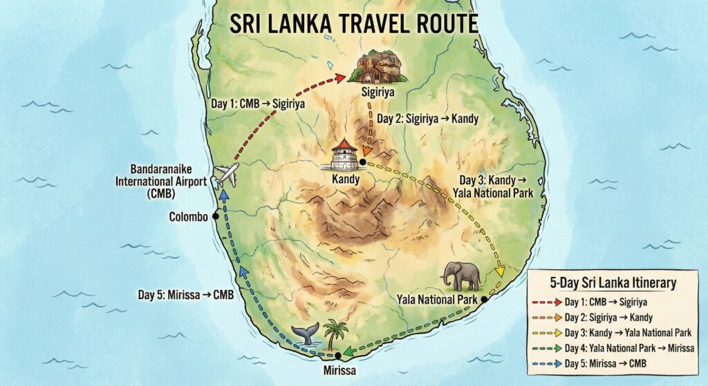 王道周遊プラン②

Day1 Bandaranaike International Airport→Sigiriya

Day2 Sigiriya→Kandy

Day3 Kandy→Yala National Park

Day4 Yala National Park→Mirissa

Day5 Mirissa→Bandaranaike International Airport