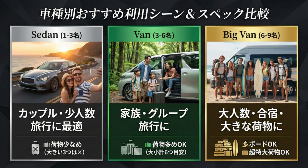 ランカライド(LankaRide)が提供できる車両(Sedan/Van/Big Van)についてご説明申し上げます
