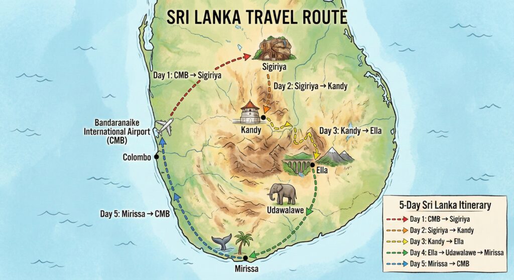 スリランカ4泊5日の王道周遊プラン

Day1 Bandaranaike International Airport→Sigiriya
Day2 Sigiriya→Kandy
Day3 Kandy→Ella
Day4 Ella→Udawalawe→Mirissa
Day5 Mirissa→Bandaranaike International Airport