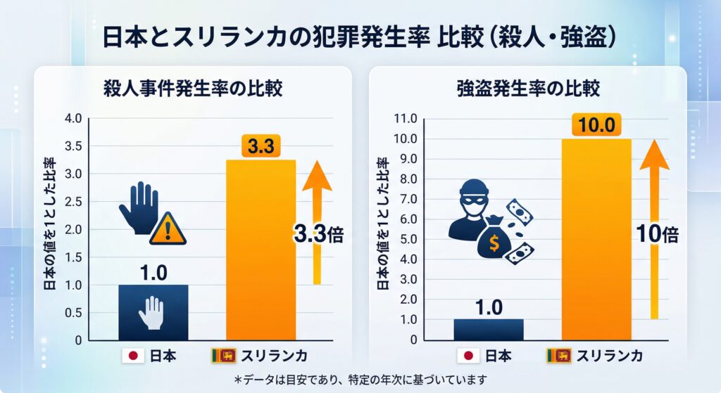 殺人事件の発生率はスリランカは日本の3.3倍

強盗の発生率はスリランカは日本の10倍