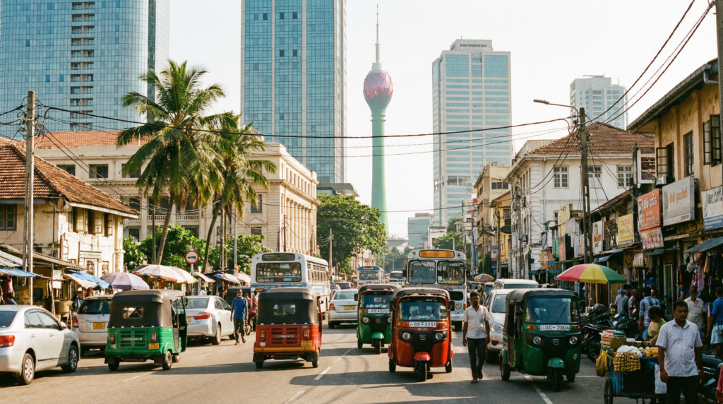 コロンボ市街地。トゥクトゥクや一般車が混在する複雑な交通環境