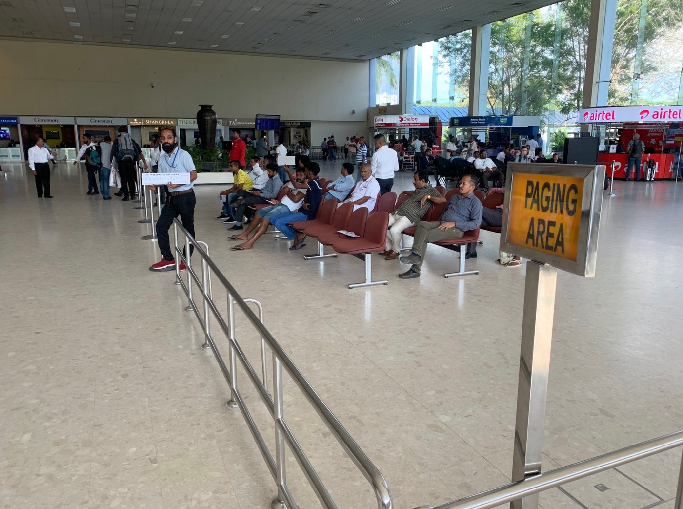 Bandaranaike International Airport arrival paging area for a private driver pickup in Sri Lanka