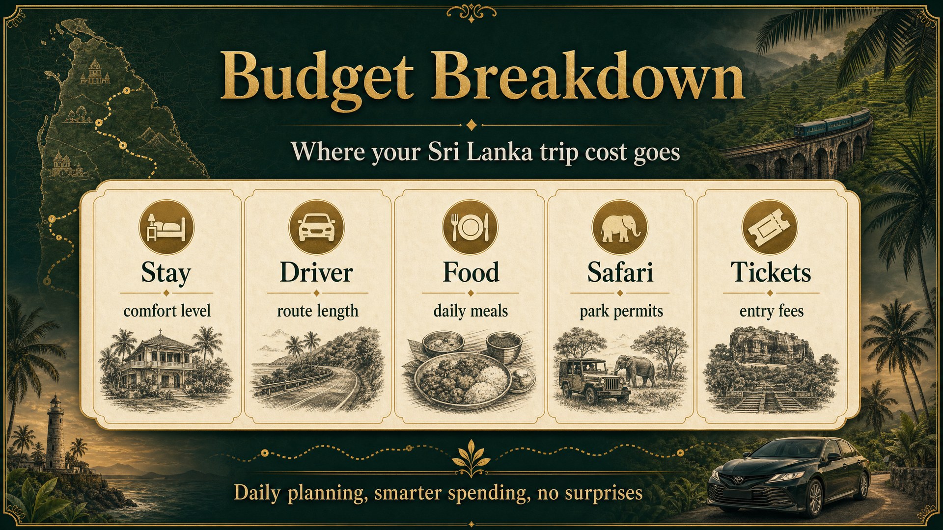 Luxury budget breakdown infographic explaining Sri Lanka trip costs for stay, driver, food, safari and tickets.