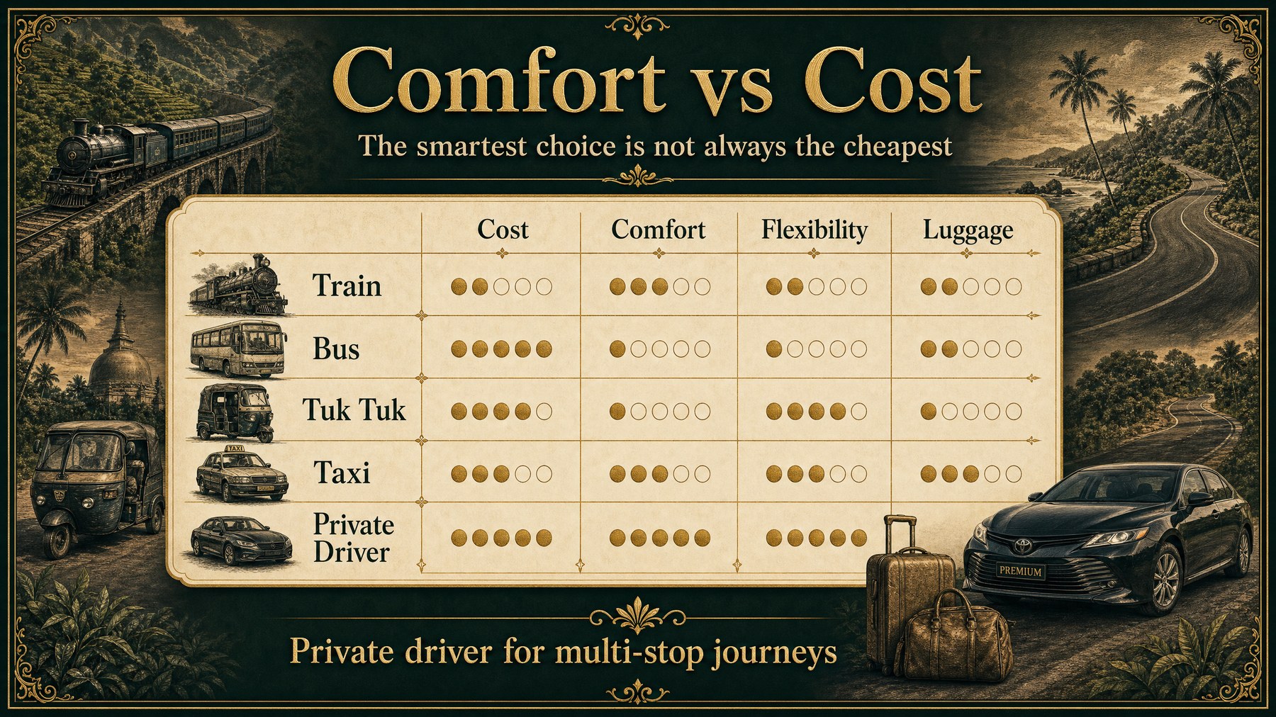 Infographie de luxe au Sri Lanka : confort contre coût comparant train, bus, tuk-tuk, taxi et chauffeur privé.