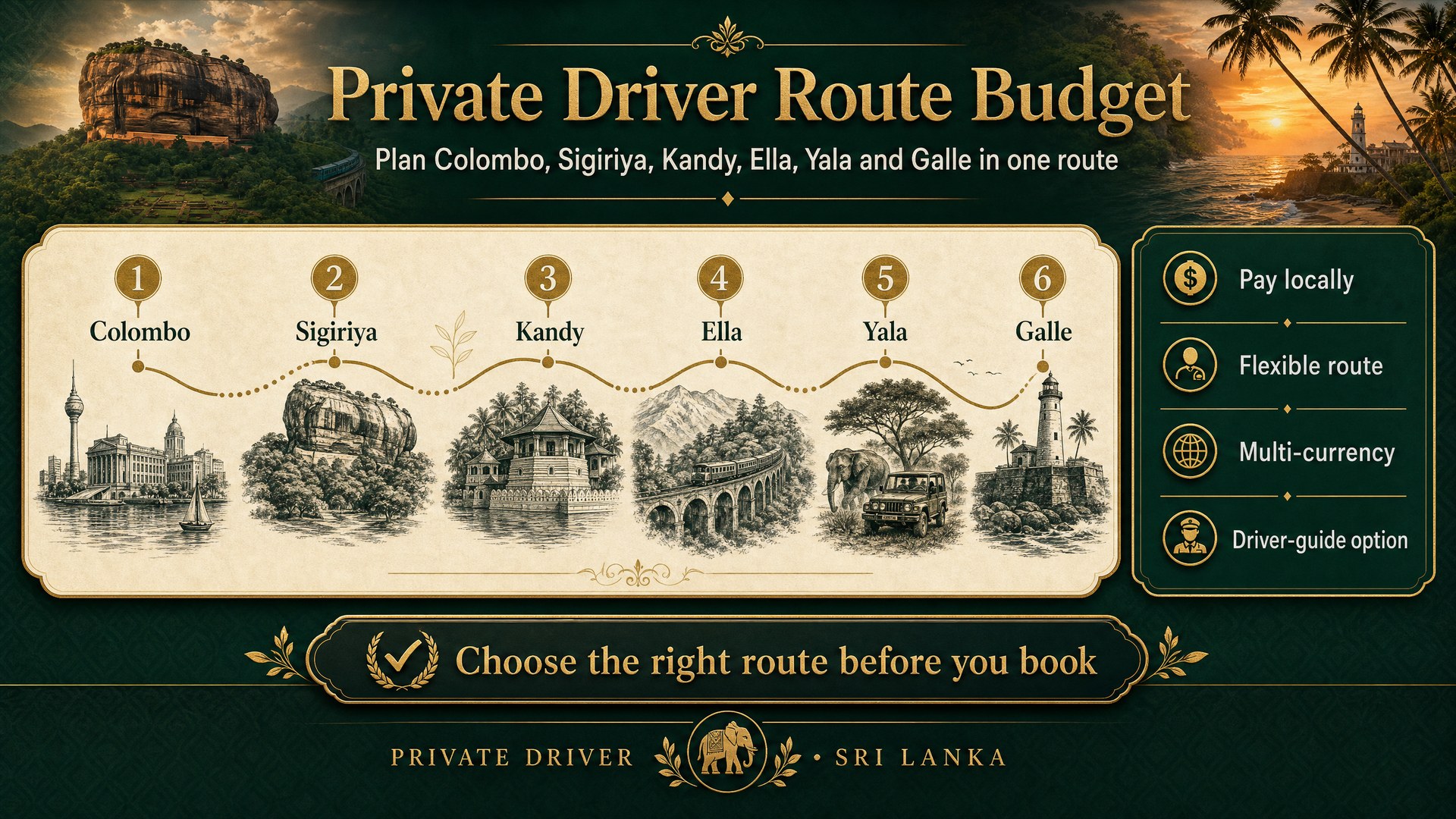 Luxury private driver route budget infographic for Colombo, Sigiriya, Kandy, Ella, Yala and Galle.