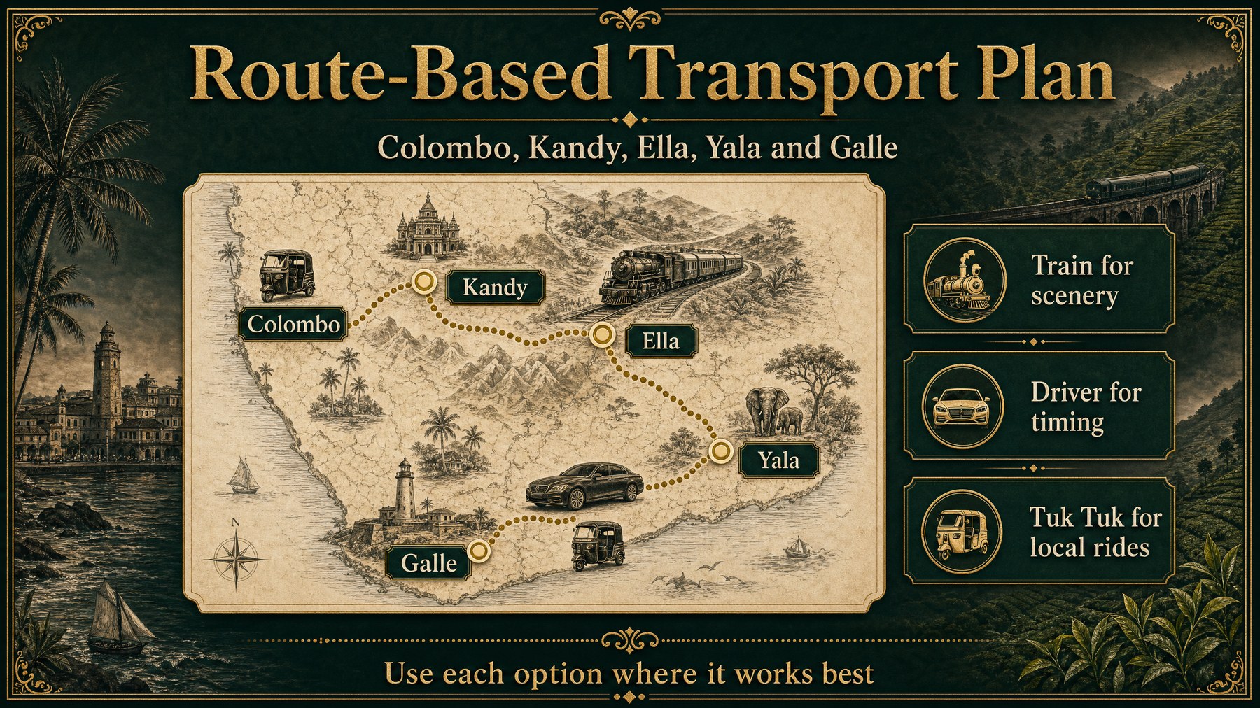 Infographie de planification d'itinéraire de luxe au Sri Lanka montrant les recommandations de transport pour Colombo, Kandy, Ella, Yala et Galle.