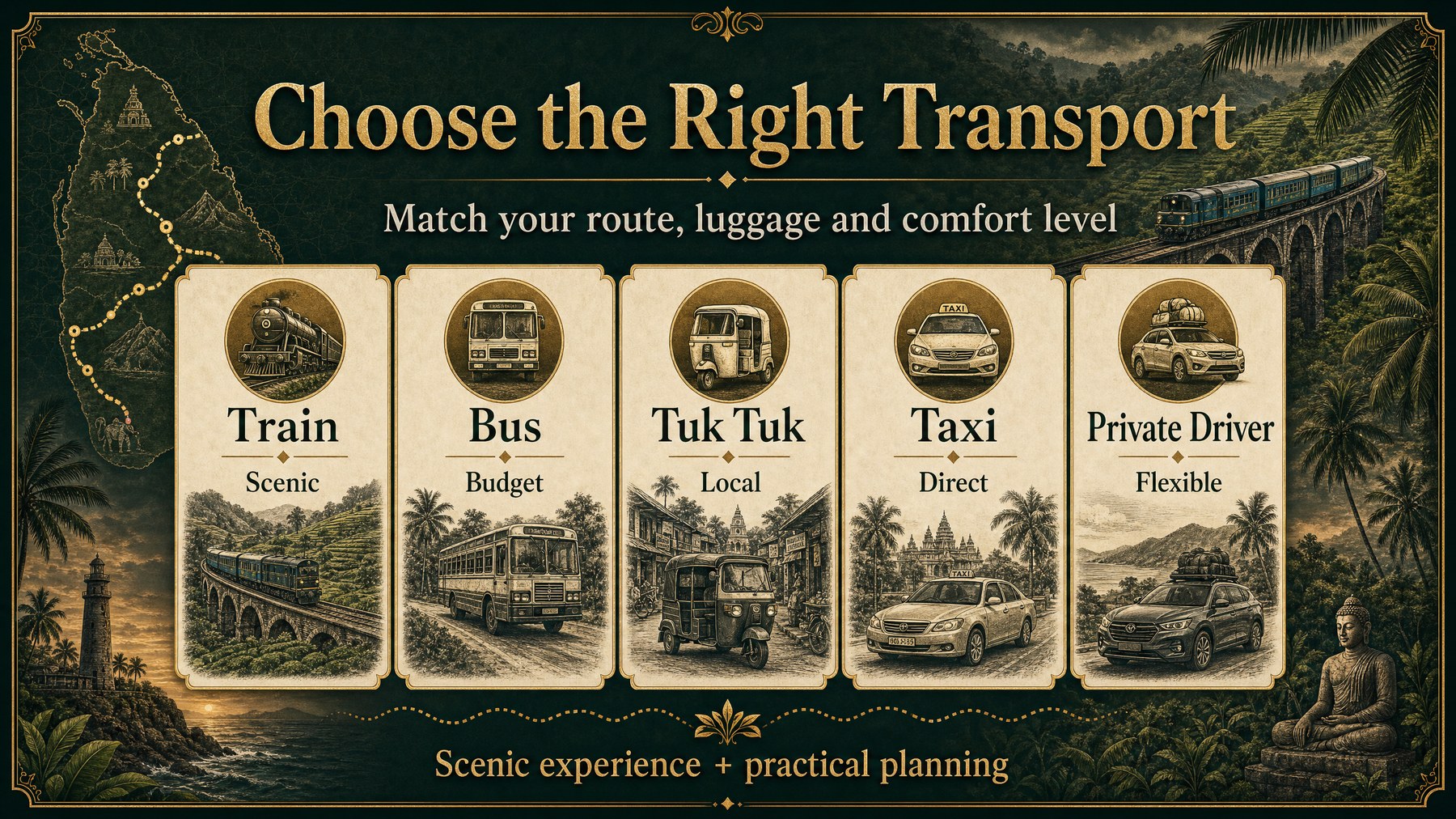 Infographie sur le choix du transport de luxe au Sri Lanka : train, bus, tuk-tuk, taxi ou chauffeur privé.