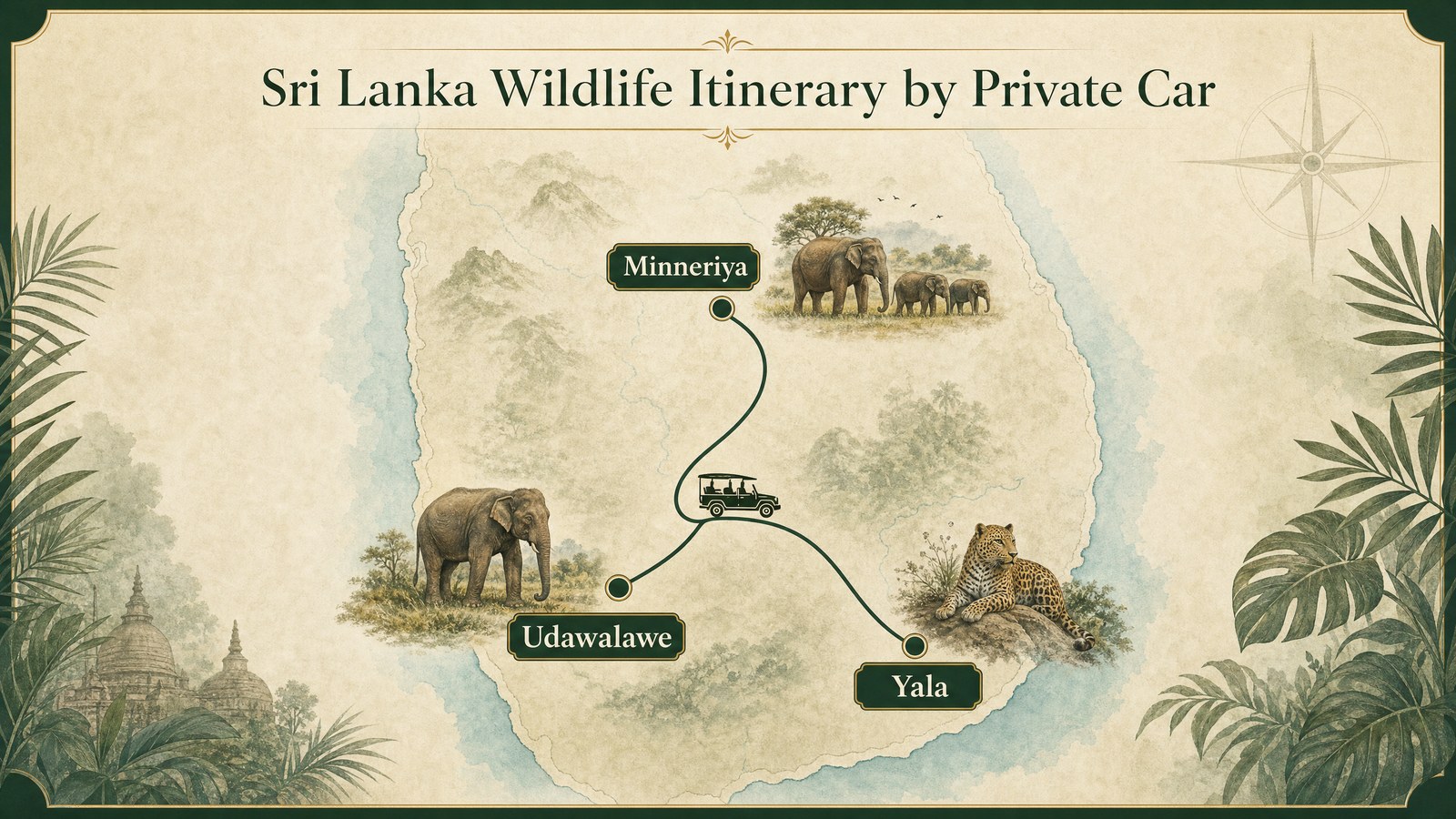 Sri Lanka wildlife safari route map style illustration linking Yala Udawalawe and Minneriya by private car