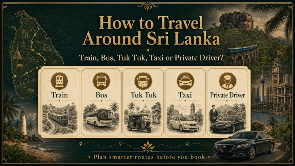 Guía de transporte de lujo en Sri Lanka: infografía comparativa de tren, autobús, tuk tuk, taxi y chófer privado.