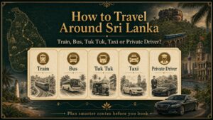 Infographie de guide de transport de luxe au Sri Lanka comparant train, bus, tuk-tuk, taxi et chauffeur privé.