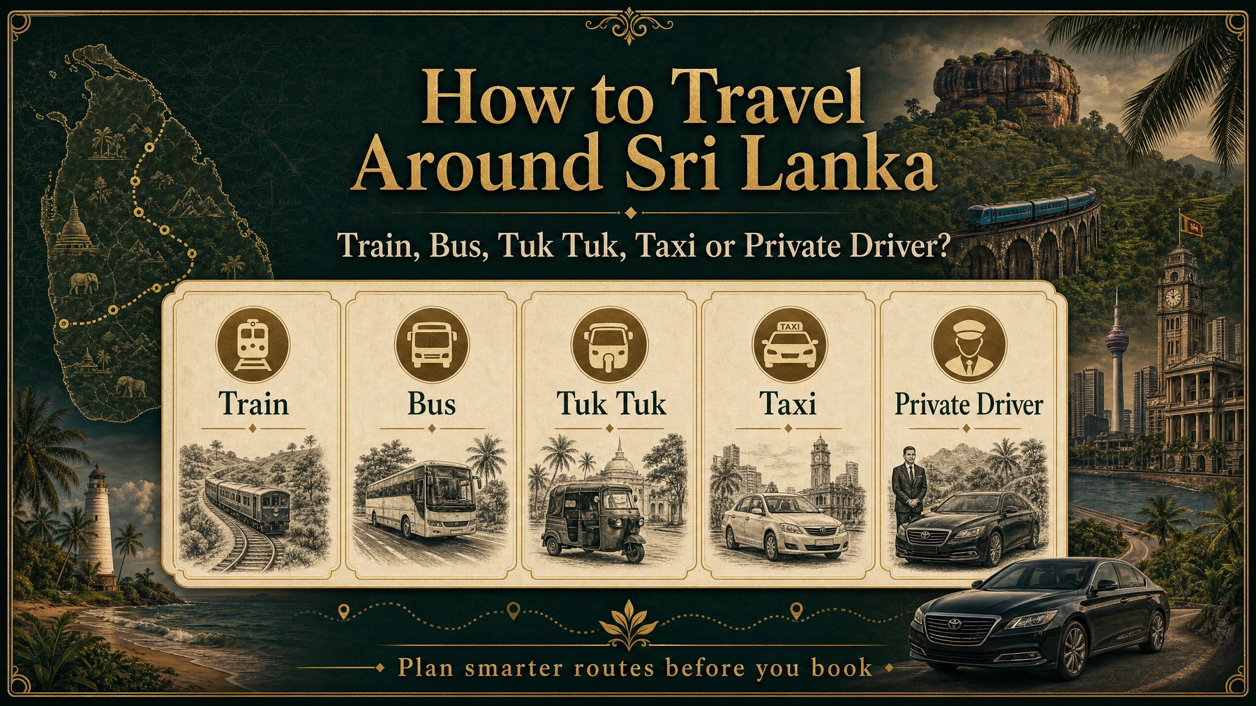 Infographie de guide de transport de luxe au Sri Lanka comparant train, bus, tuk-tuk, taxi et chauffeur privé.