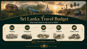 Infographie textuelle de luxe pour le budget de voyage au Sri Lanka 2026 avec hôtels, transport, nourriture, safaris et frais d'entrée.
