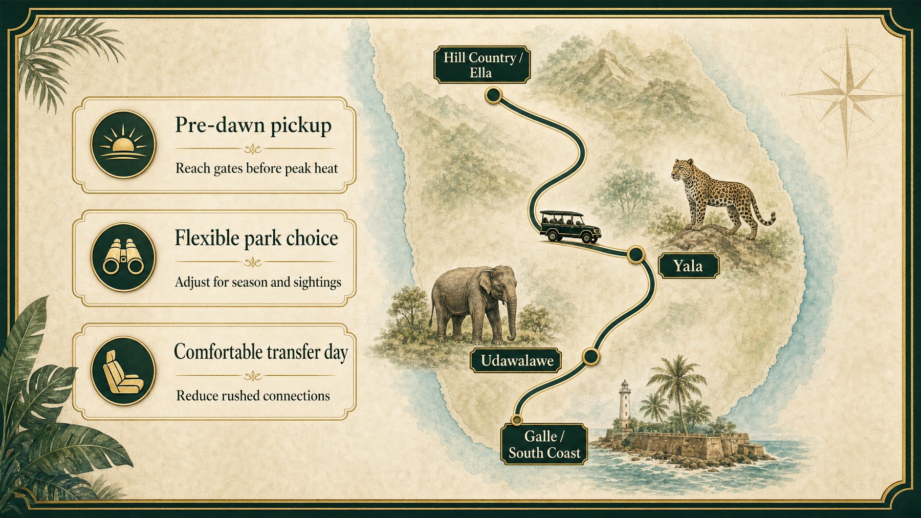Luxury infographic explaining private car timing for Yala Udawalawe and south coast safari transfers