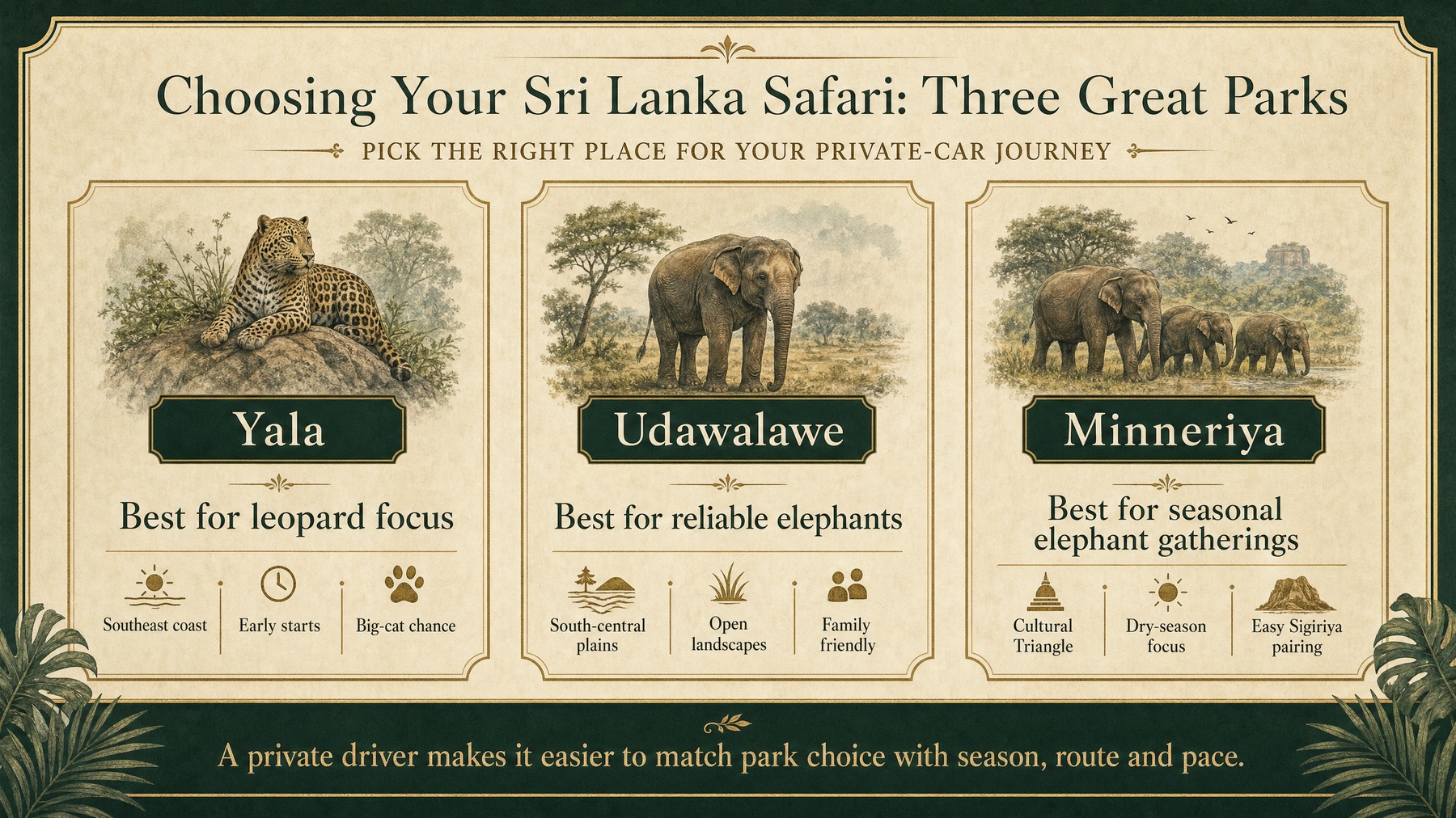 Luxury infographic comparing Yala Udawalawe and Minneriya for a Sri Lanka safari itinerary