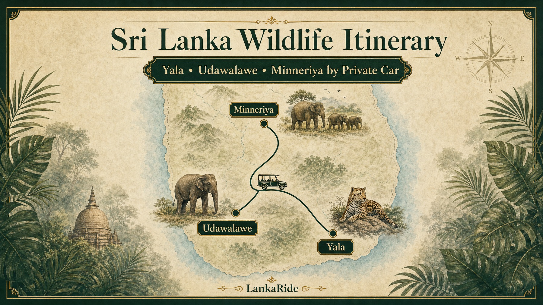 Sri Lanka Wildlife Itinerary by private car with Yala Udawalawe and Minneriya luxury route map