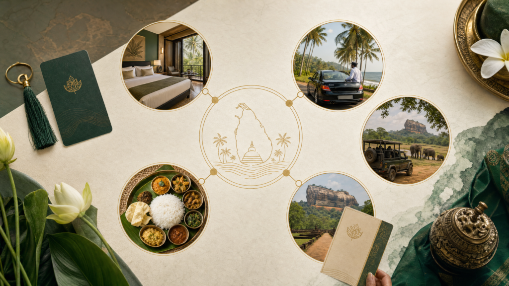 Luxury editorial illustration of Sri Lanka travel budget categories including hotel transport food safari and cultural sites